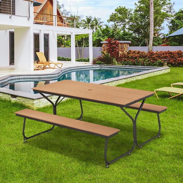 WELLFOR 72 in. Brown Rectangle HDPE and Metal Picnic Tables for 6