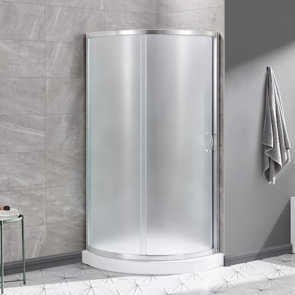 OVE Decors Breeze 32 in. L x 32 in. W x 77 in. H Corner Shower Kit with Frosted Framed Sliding Door in Satin Nickel and Shower Pan