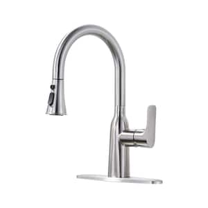 Single Handle Pull Down Sprayer Kitchen Faucet with Deck Plate Double Spout Stainless Steel in Brushed Nickel