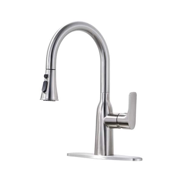 IVIGA Single Handle 3-Mode Stainless Steel High Arc Pull Down Sprayer Kitchen Faucet with Water Lines in Brushed Nickel