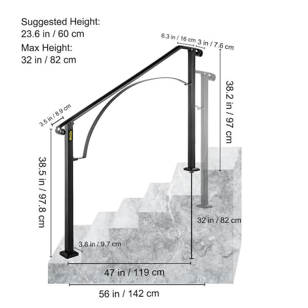 4 ft. Wrought Iron Handrail Fit 4 or 5 Steps Handrails for Outdoor Steps Flexible Porch Railing, Black