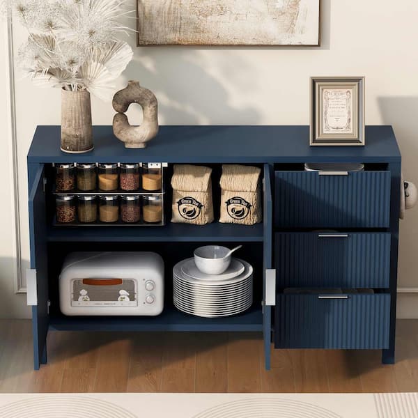 Polibi Navy Blue MDF Wood Buffet with 3 Drawers Hooks and Extra