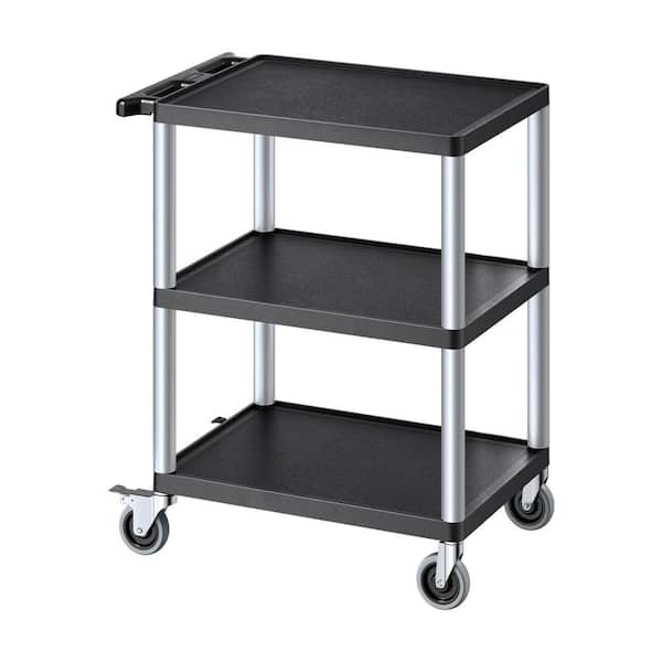300 lbs. Utility Cart, 27.6 x 18.1 in. 3-Shelf Plastic, Hand Truck, 360° Swivel Wheels (2 with Brakes)