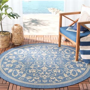 Courtyard Blue/Natural 5 ft. x 5 ft. Round Border Indoor/Outdoor Patio  Area Rug