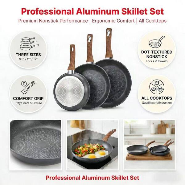 SANFANGIE 3-Piece Gray Aluminum Frying Pans with Handles, Non
