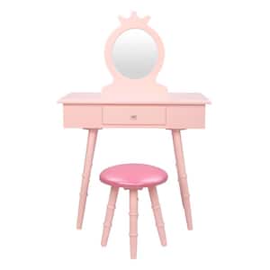 Single Round Mirror Pink Makeup Children Vanity Table Sets with Drawer