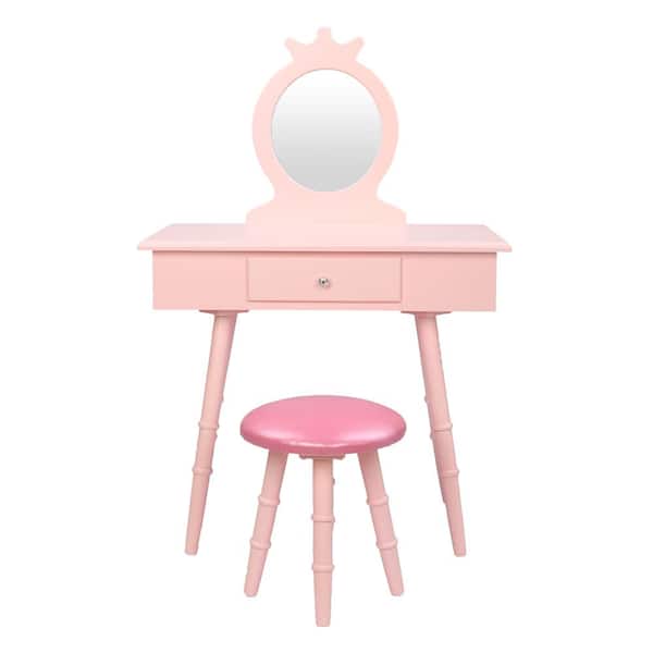 Outopee Single Round Mirror Pink Makeup Children Vanity Table Sets with Drawer