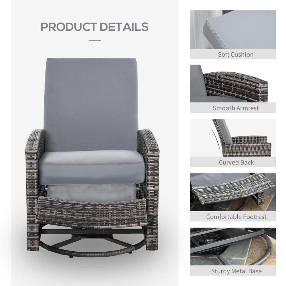Gray Wicker Swivel Recliner Chair with Cushions