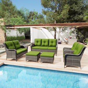 6-Piece Steel Outdoor Patio Conversation Seating Set Backyard Garden with Green Cushions