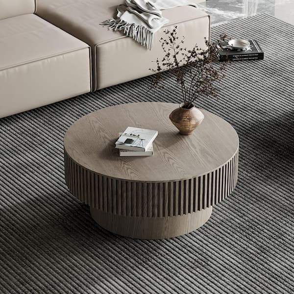 Leigh 31.5 in. Grey Round MDF Wood Coffee Table with Storage, Fluted Design