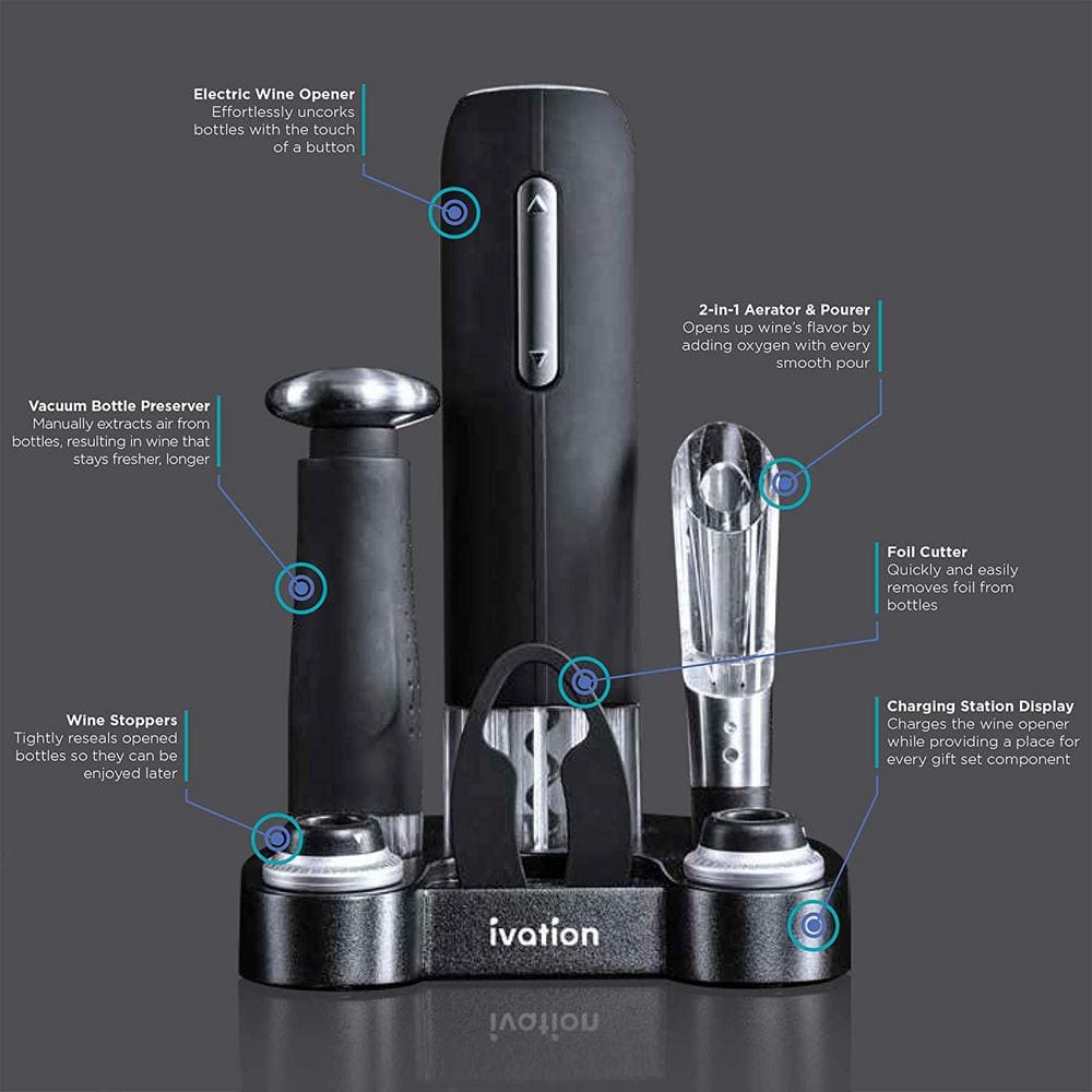 Ivation Black Stainless Steel 7-Piece Electric Wine Opener Set