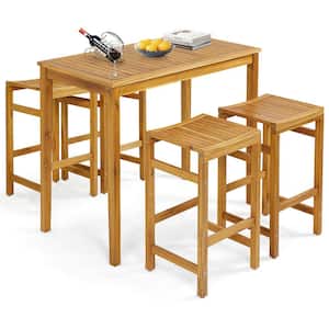 5-Pieces Patio Acacia Wood Bar Set Outdoor Bar Height Table and Saddle Stool Chairs Set