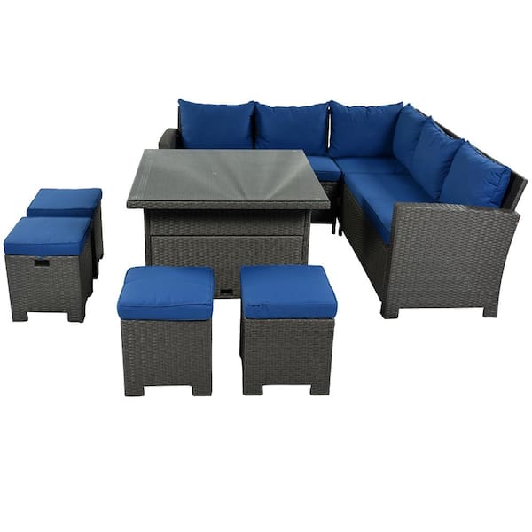 URTR 8-Piece Patio Outdoor Wicker Conversation Set Sectional Seating Sofa Dining Set with Table, Chairs, Stool, Blue Cushion