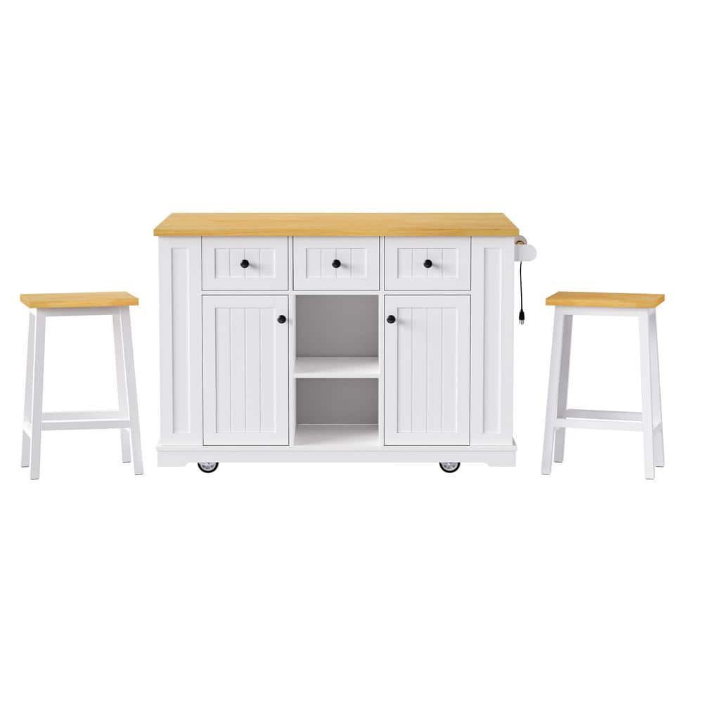 White Wood Outdoor Dining Table with Wheels, 2 Bar Stools, Rolling Kitchen 