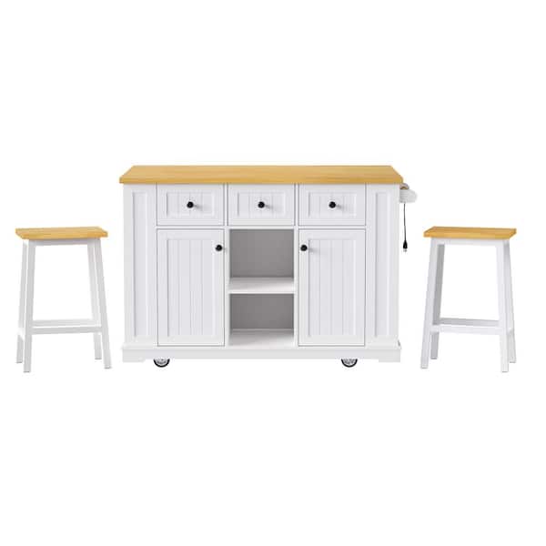 Unbranded White Wood Outdoor Dining Table with Wheels, 2 Bar Stools, Rolling Kitchen Island Bar Cart with Power Outlet