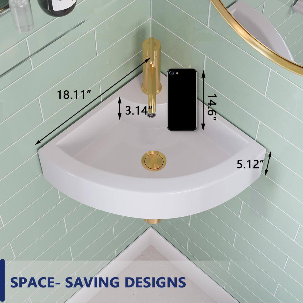 White Ceramic Wall-Mount Corner Bathroom Sink with Faucet Hole