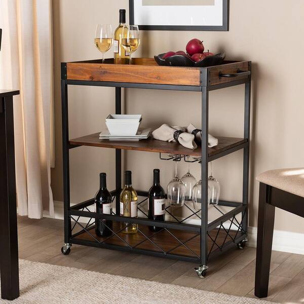 Flynama 32.6 in. Tall Industrial Style Rolling Kitchen Cart with Glass Rack in Dark Oak