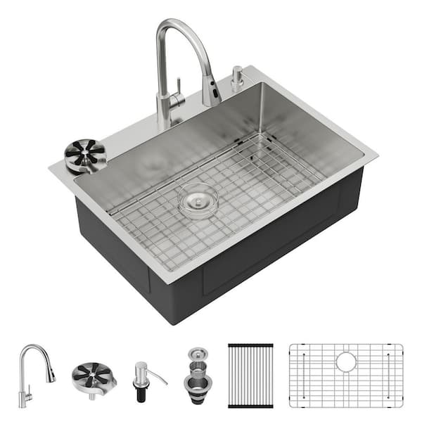 33 in. Drop-in Single Bowl 16-Gauge Stainless Steel Brushed Kitchen Sink with Faucet and Bottom Grid