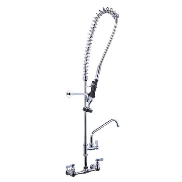 WOWOW 43 in. Commercial Triple Handle Pull Down Sprayer Kitchen Faucet Wall Mount with Pre-Rinse Sprayer in Chrome