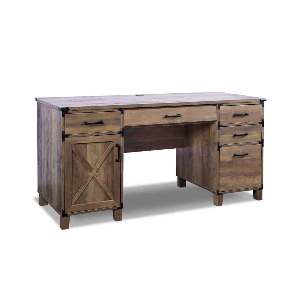 59 in. Rectangular Brown 5 Drawer Executive Desk with Keyboard Tray
