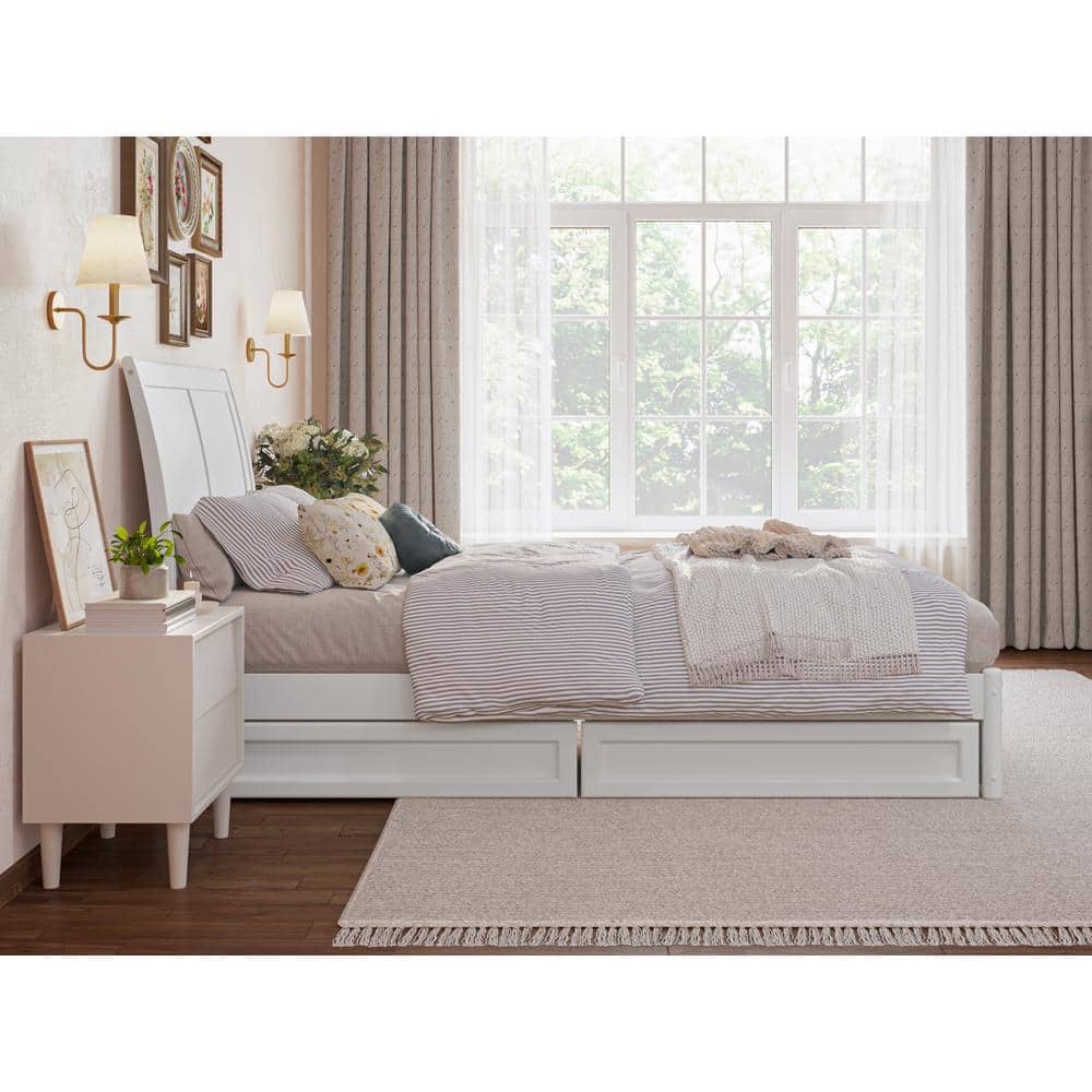 White Twin Wood Platform Bed with Storage Drawers and Slats