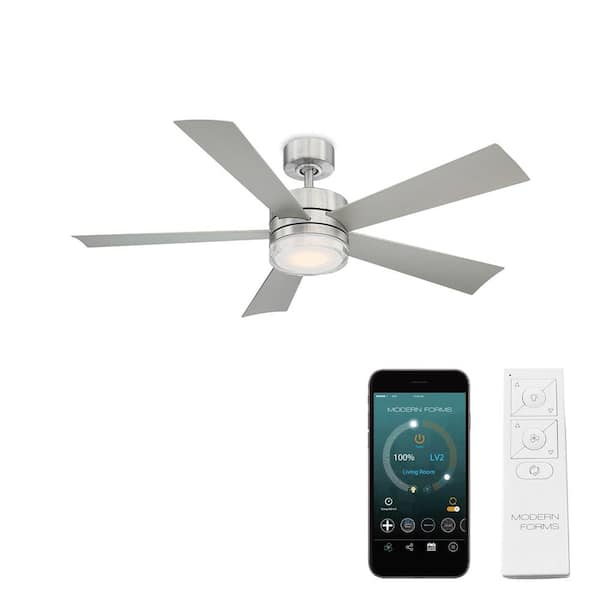 Modern Forms Wynd 52 in. Smart Indoor/Outdoor 5-Blade Ceiling Fan Stainless Steel with 3000K LED and Remote Control