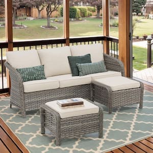 Nyajiah 3-Piece Wicker Patio Conversation Set with Beige Cushions