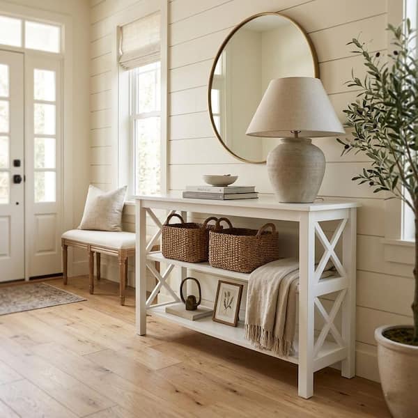 Hampton 48 in. Pure White Standard Rectangle Wood Console Table with Shelves