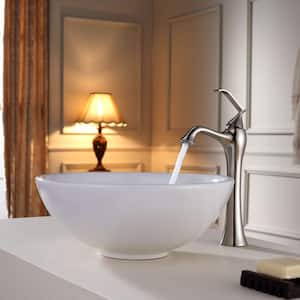 Soft Round Ceramic Vessel Bathroom Sink in White with Pop Up Drain in Satin Nickel