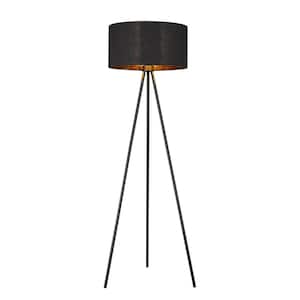 57.5 in. Black 1 Light 1-Way (On/Off) Tripod Floor Lamp for Liviing Room with Cotton Round Shade