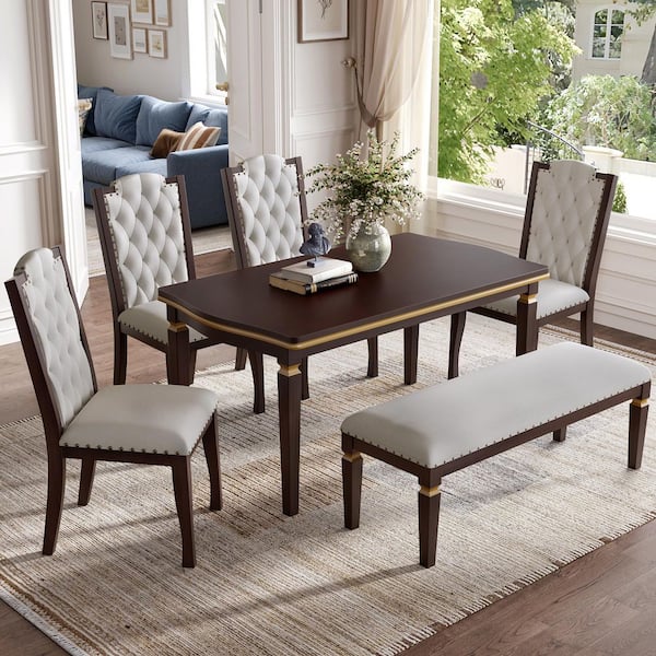 Harper & Bright Designs 6-Piece Espresso MDF Top Dining Table Set Seats 6 with 4 Beige Linen Button Tufted Chairs, 1 Bench, Nailhead Trim