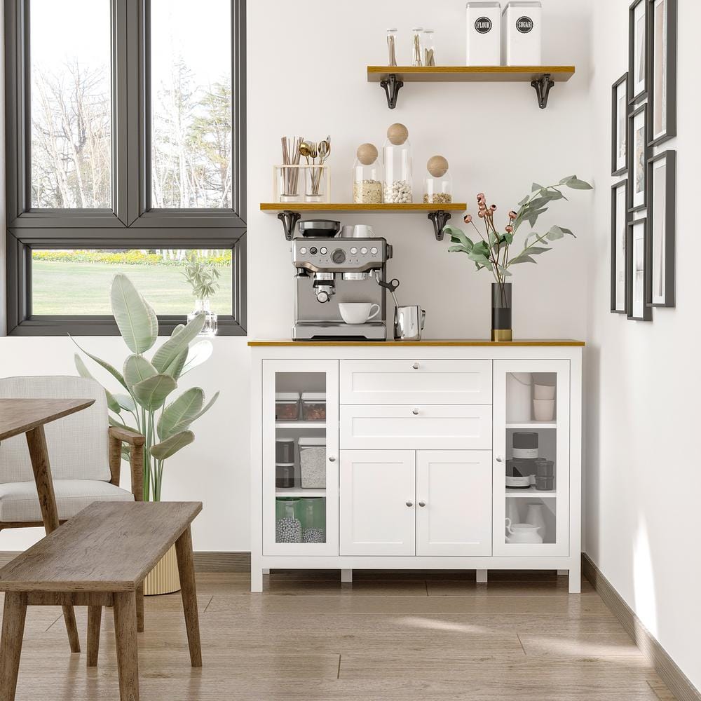 White Rubber Wood Top Sideboard with Glass Doors