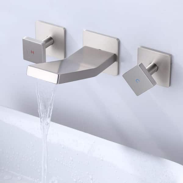Double Handle Wall Mounted Bathroom Vessel Sink Faucet with Brass Valve and Waterfall Spout in Brushed Nickel