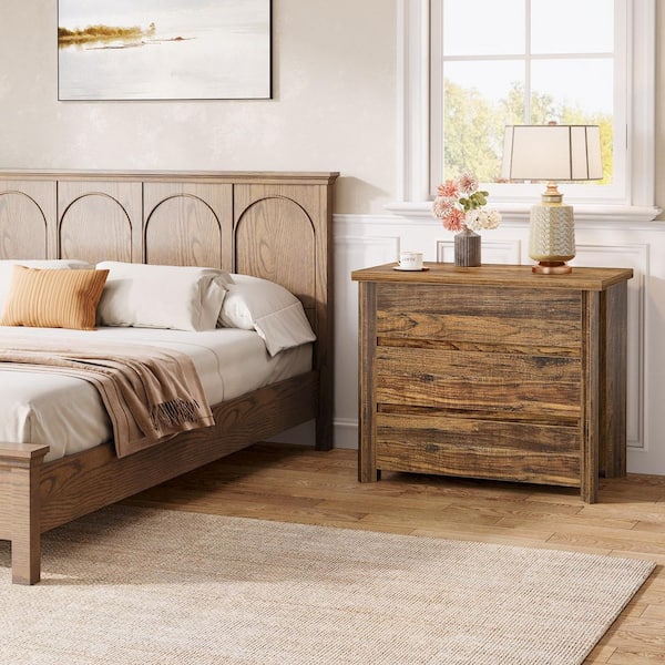 BYBLIGHT Fenley Oversized Simple Brown 3-Drawer 31.5 in. Nightstands Bedside Table, Night Stand with Storage for Bedroom