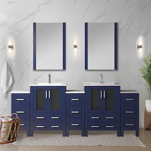 Volez 84 in. W x 18 in. D x 34 in. H Double Sink Bath Vanity in Navy Blue with White Ceramic Top and Mirror