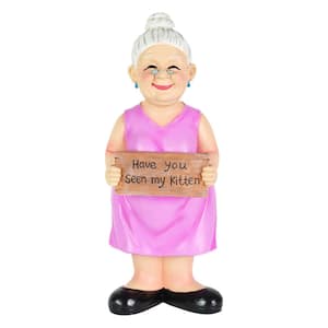 Old Lady with Have You Seen My Kitten Sign, 6 in. x 13.5 in. Garden Statue