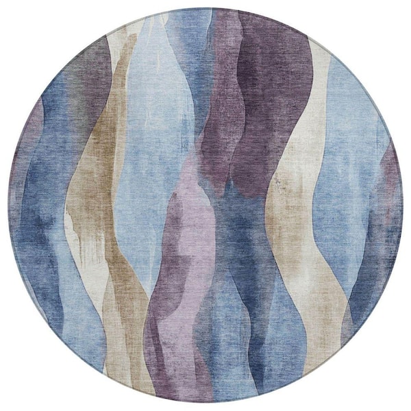 Chantille Machine Washable Indoor/Outdoor Abstract ACN1989 Denim 8 ft. x 8 ft. Round Rug