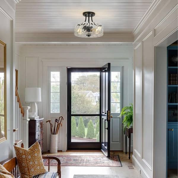 Lumin 2-Light 11.8 in.W Matte Black Semi Flush Mount Modern Drum with Hammered Water Glass for Kitchen/Hallway