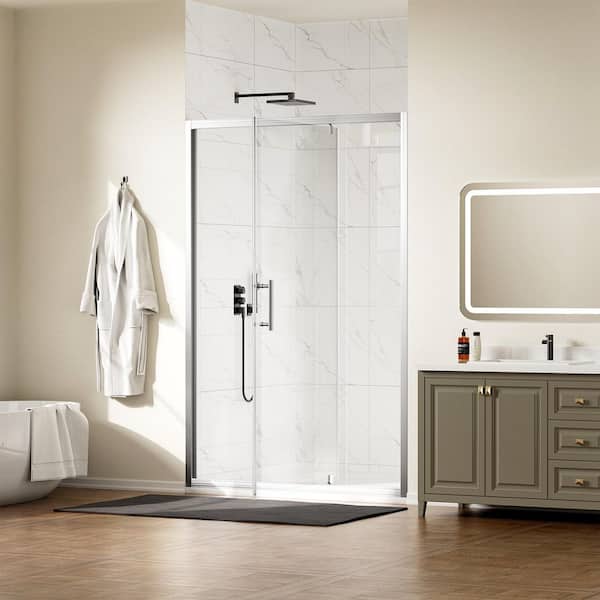 48 in. W x 72 in. H Pivot Framed Shower Door in Brushed Nickel Finish with Tempered Glass