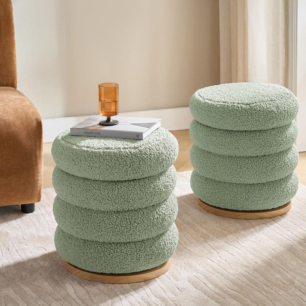 Anibal Green Polyester Sherpa Round Swivel Ottoman with Solid Wood Legs Set of 2