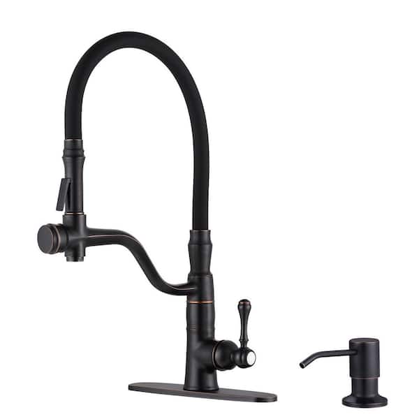 20.4 in. H Single Handle Brass Pull Down Sprayer Kitchen Faucet with 360° Swivel Spout and Soap Dispenser in Bronze