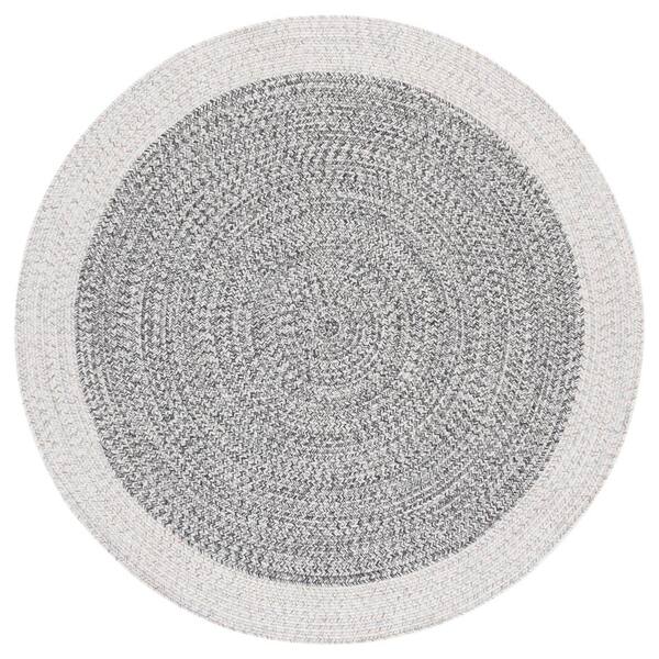 Braided 5 x 5 Ivory/Gray Black Border Washable Round Rug