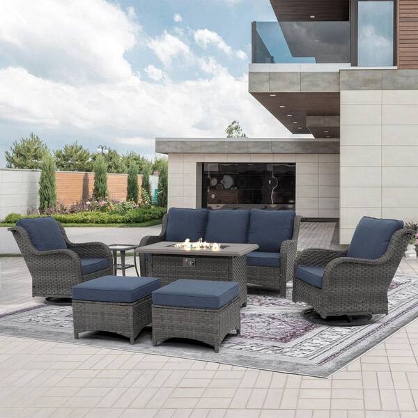 Freestyle 7-Piece Grey Wicker Outdoor Patio Conversation Sofa Set with Fire Pit Table, Swivel Rocking Chairs, Blue Cushions