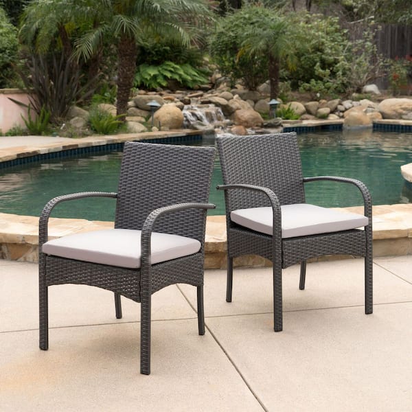 Grey Wicker Outdoor Dining Chair with Grey Cushions (2-Pack)