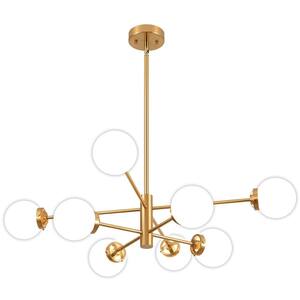 8-Light Vintage Gold Linear Sputnik Chandelier, Mid Century Ceiling Lights with Milk Glass Shade, Bulb Not Included
