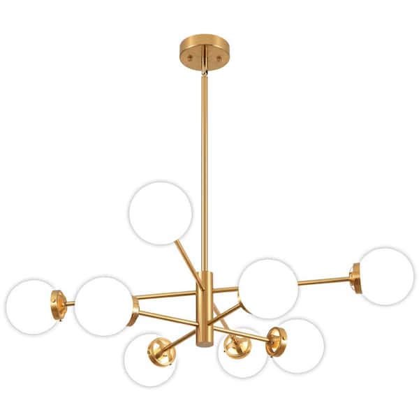 Deyidn 8-Light Vintage Gold Linear Sputnik Chandelier, Mid Century Ceiling Lights with Milk Glass Shade, Bulb Not Included