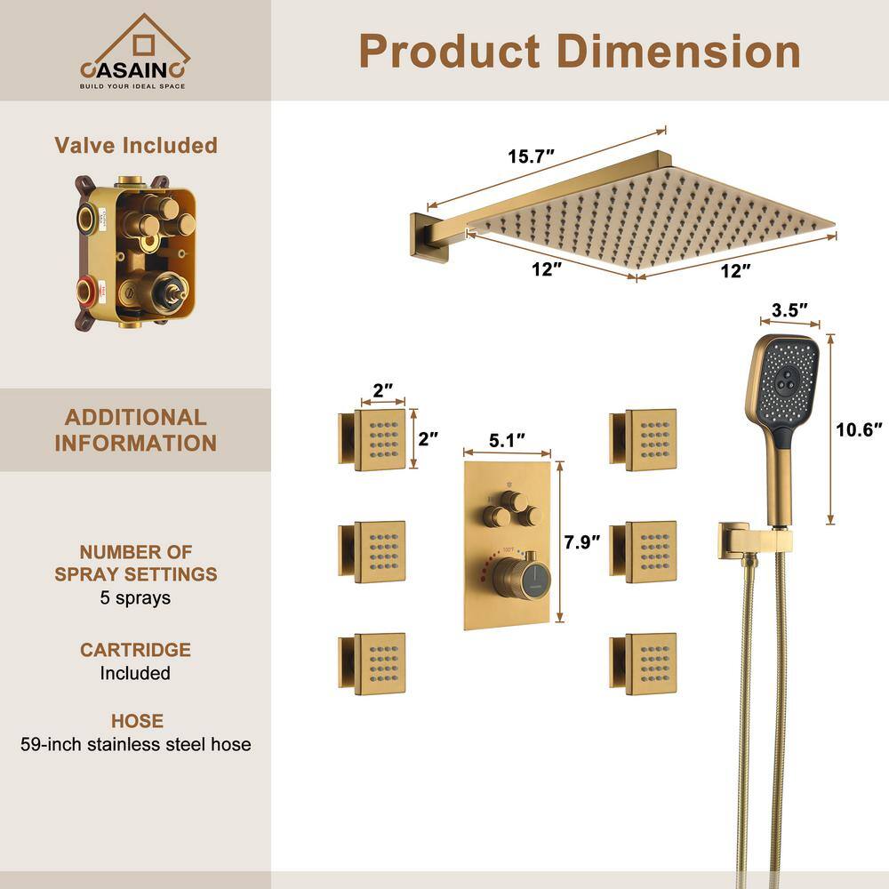 Brushed Gold 12-Inch Square Dual Shower System with Body Jets