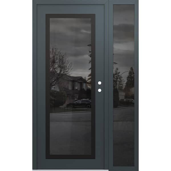 C1 52 in. x 80 in. Black P Left-Hand/Inswing Mirrored Glass Anth/Anth Sidelite Steel Prehung Front Door
