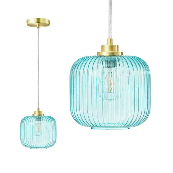 60-Watt 1 Light Gold Modern Pendant Light with Light Blue Glass Shade for Dining Room Porch, No Bulbs Included