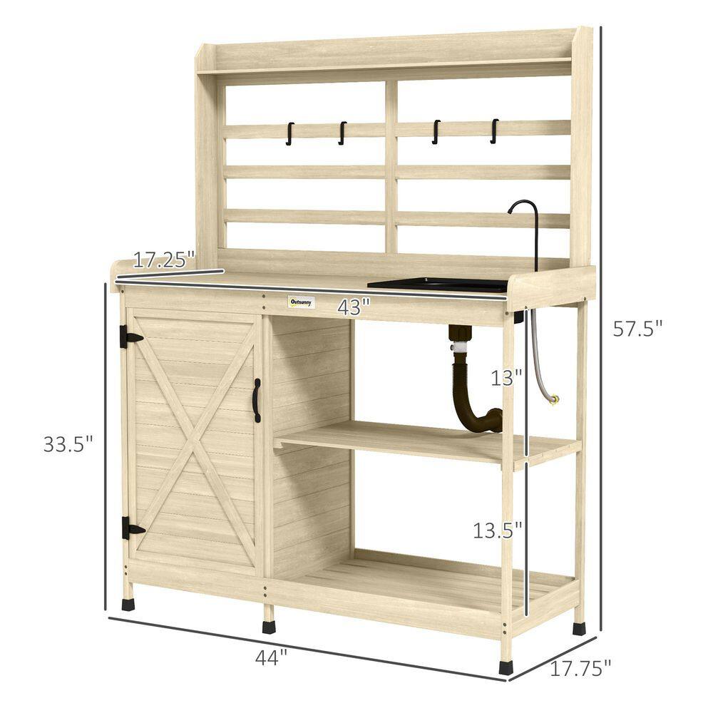 Natural Wooden Potting Bench with Storage and Sink